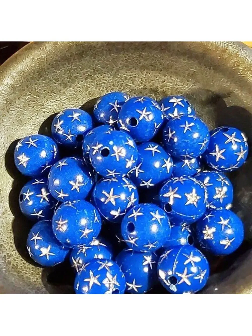 10 Vintage Retro Cobalt Blue Silver Stars 12mm Round Acrylic Shabby Beads